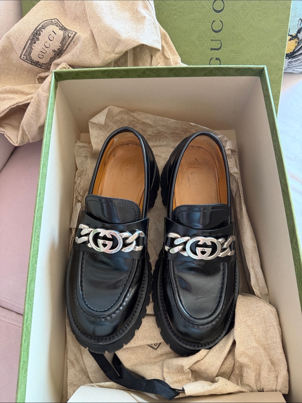 Gucci Black Leather Chain-Link Loafers with Silver Hardware